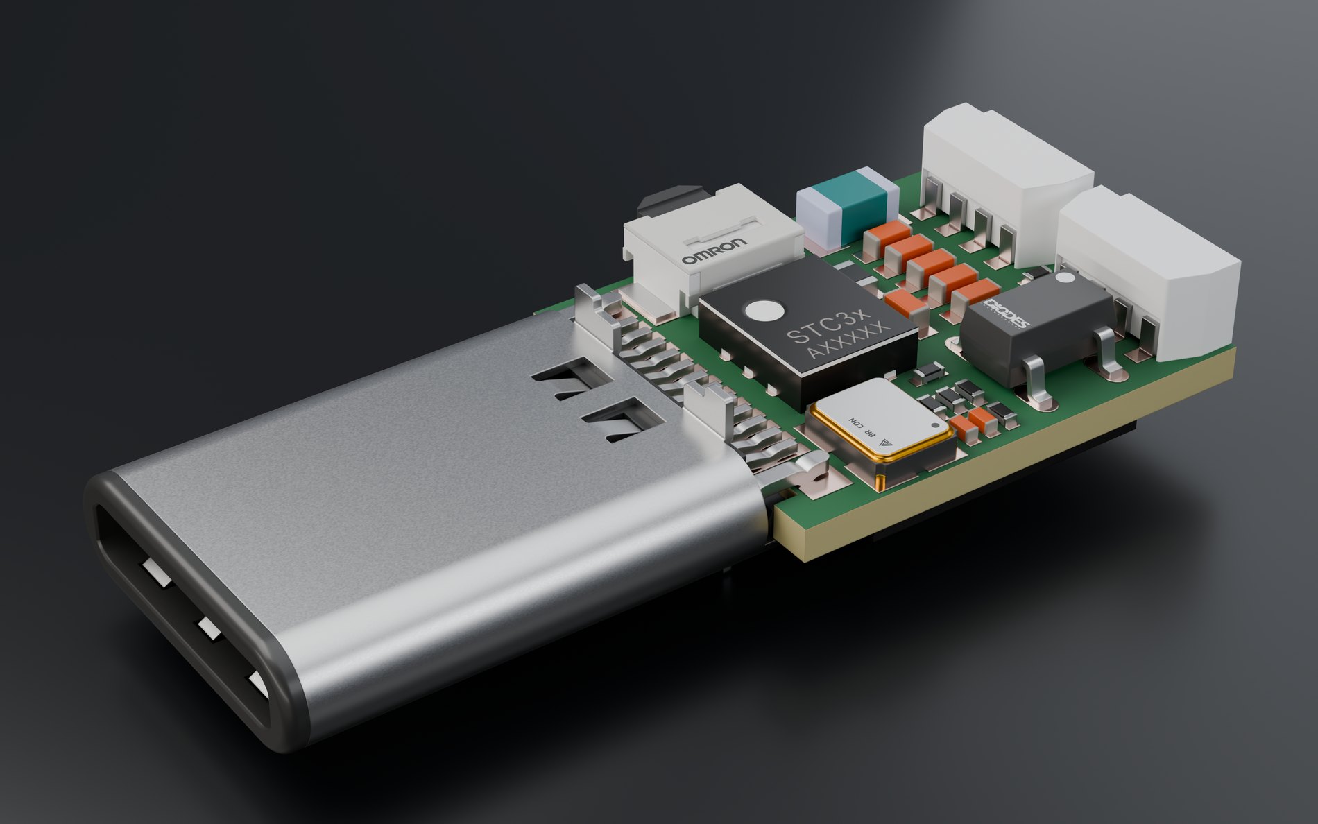 Rendered sensor board — USB housing, relay and sensor IC on green soldermask